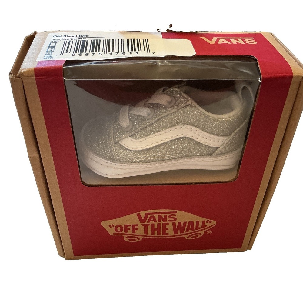 VANS Old Skool Crib Baby Shoes - Size 1 - Glitter Silver/True White